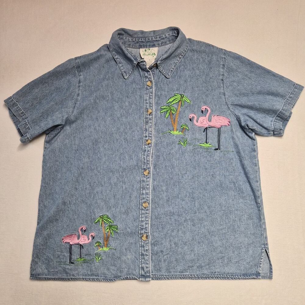 VTG The Quaker Factory Women’s 1X Denim Shirt Embroidered Flamingo Palms Cotton